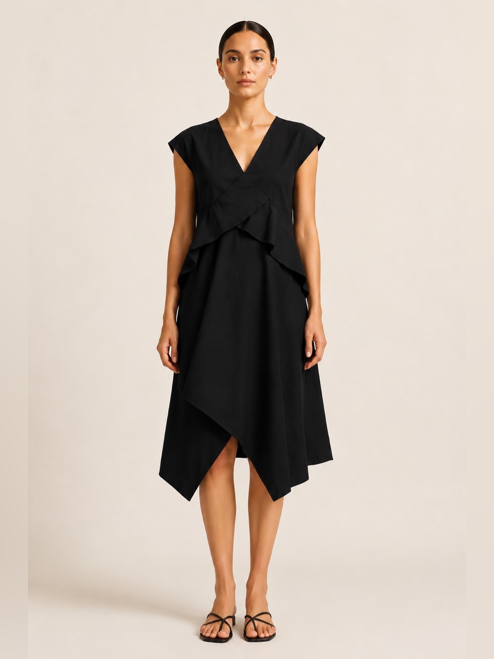 COS black v-neck ruffle detail short sleeve knee length dress. Size 12.
